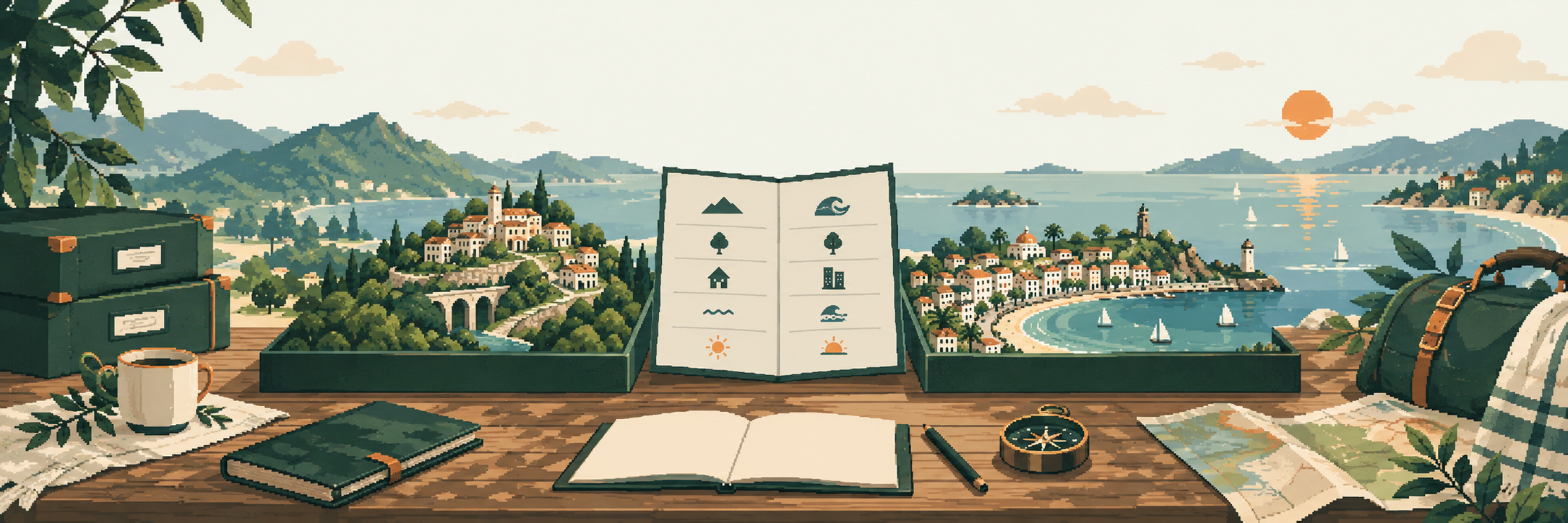 Nomad Data Adventure: A saved-place comparison table centers two original miniature city landscapes and a comparison foldout. Fictional coast and hill, closed dataset folders and a travel bag show tradeoffs rather than an ideal destination.